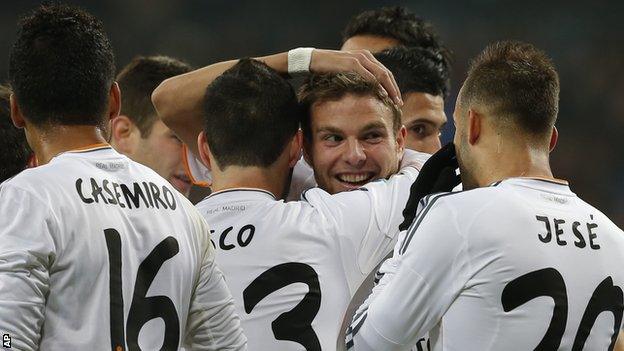 Real Madrid midfielder Asier Illarramendi celebrating in the Copa del Rey win against Olimpic Xativa