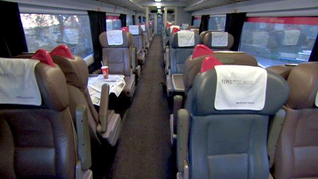 Inside an empty first class carriage of a First Great Western train