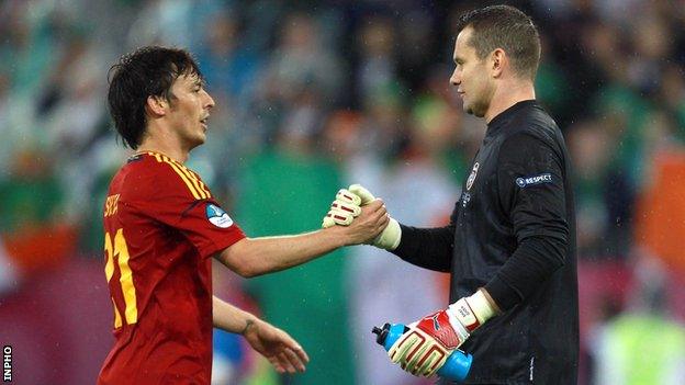 Shay Given with Spain's David Silva after the Republic's 4-0 Euro 2012 defeat by Spain