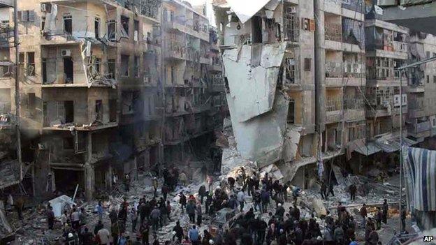 Citizen journalism image from Aleppo Media Centre of damage from barrel bombs