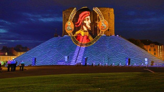 Sweyn Forkbeard artwork projected onto Clifford's Tower in York