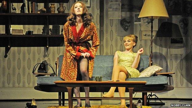 Christine Keeler (Charlotte Spencer) and Mandy Rice Davies (Charlotte Blackledge) in Stephen Ward. Photo by Nobby Clark