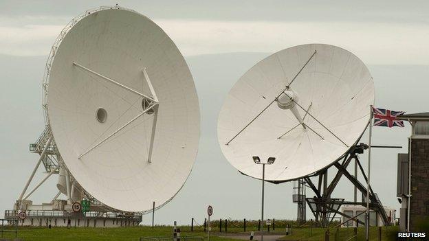 Satellite dishes are seen at GCHQ's outpost in Bude, Cornwall (June 23, 2013)