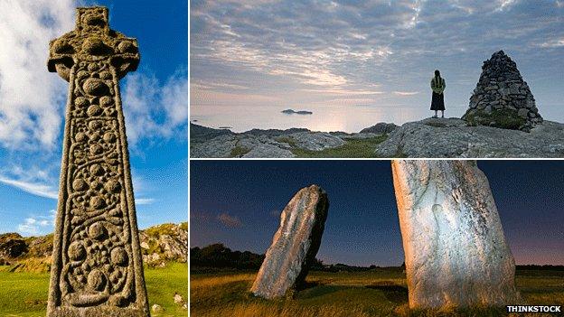 A cross on Iona, a woman looking at the sea from Iona and Avebury Stone Circle