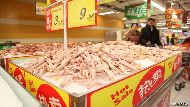 Chicken feet on sale in Tesco in Dandong