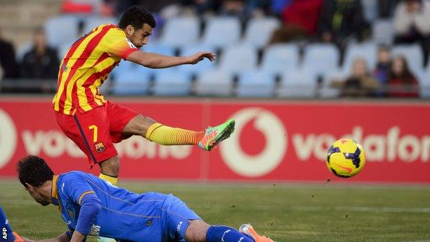 Barcelona forward Pedro completing his hat-trick against Getafe