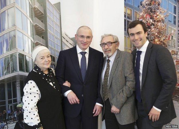 Mikhail Khodorkovsky (second from left) in Berlin with his parents Marina and Boris, and son Pavel, 22 December