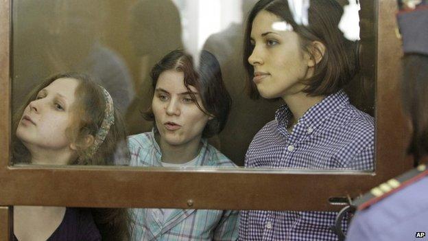 From left, Maria Alyokhina, Yekaterina Samutsevich, Nadezhda Tolokonnikova