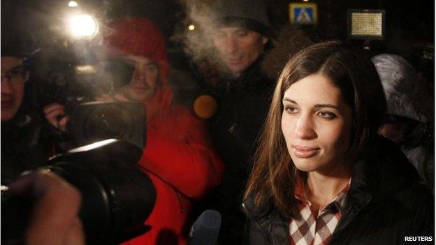 Nadezhda Tolokonnikova speaks to the media after she was released from prison in Krasnoyarsk, December 23