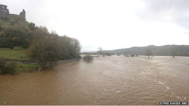 Flooding near Castell Dryslwyn in the Towy Valley on Christmas Eve