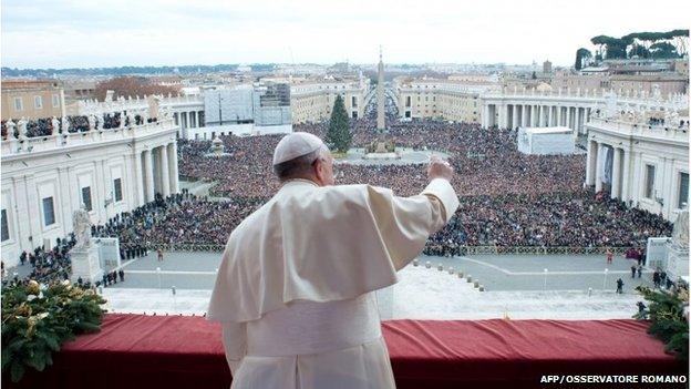 Handout picture shows Pope Francis during his traditional Christmas "Urbi et Orbi" blessing from the balcony of St. Peter's Basilica