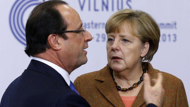 German Chancellor Angela Merkel (r) with French President Francois Hollande, 29 Nov 13