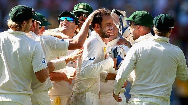 Nathan Lyon receives congratulations