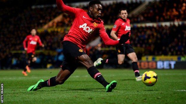 Manchester United striker Danny Welbeck scores at Norwich