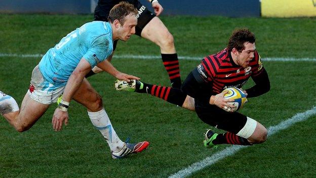 Full-back Alex Goode scores the third of Saracens' four tries at Sixways