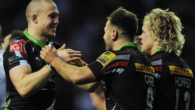 Mike Brown celebrates his try for Harlequins