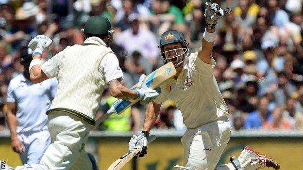 Shane Watson celebrates hitting the winning runs