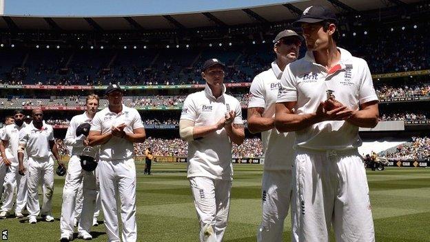 A dejected England team after their fourth successive Test defeat