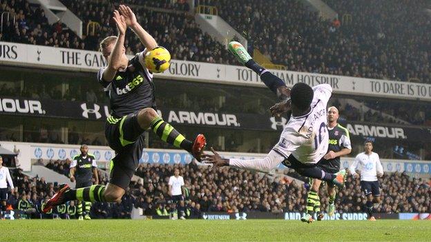 Tottenham striker Emmanuel Adebayor's volley was handled by Stoke defender Ryan Shawcross leading to a Spurs penalty