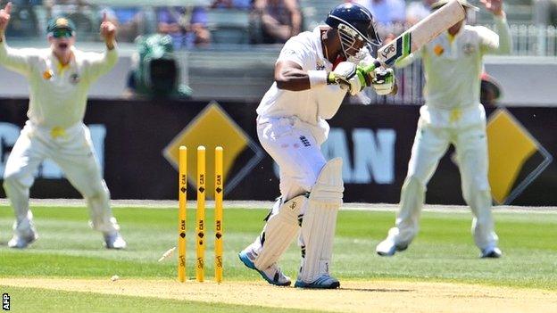 Michael Carberry is bowled at the MCG