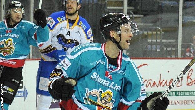 Evan Cheverie celebrates after scoring Belfast's second goal against Hull