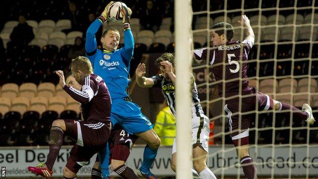 St Mirren goalkeeper Marian Kello in action against former club Hearts