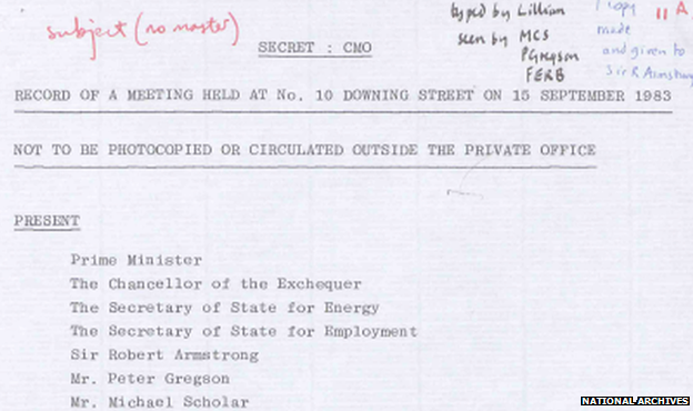 Document marked "Not to be photocopied or circulated outside the private office" recording a meeting attended by seven people, including the prime minister, chancellor, energy secretary and employment secretary, at No 10 about pit closures