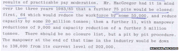 Chairman of National Coal Board, Ian MacGregor, quoted in secret No 10 meeting note: "Mr MacGregor had it in mind over the three years 1983-85 that a further 75 pits would be closed... There should be no closure list, but a pit-by-pit procedure. The manpower at the end of that time in the industry would be down to 138,000 from its current level of 202,000."