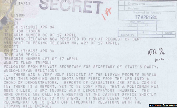 A telegram to foreign secretary Sir Geoffrey Howe described the shooting of WPC Yvonne Fletcher as "a very ugly incident" and said the diplomats' request had been passed on to the Home Office and the police during the night, "drawing attention to the fact that the Libyans were capable of carrying out their threats".