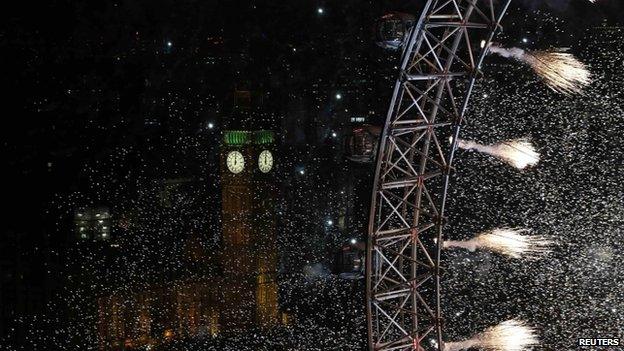 Fireworks on the London Eye, with Big Ben visible in the background