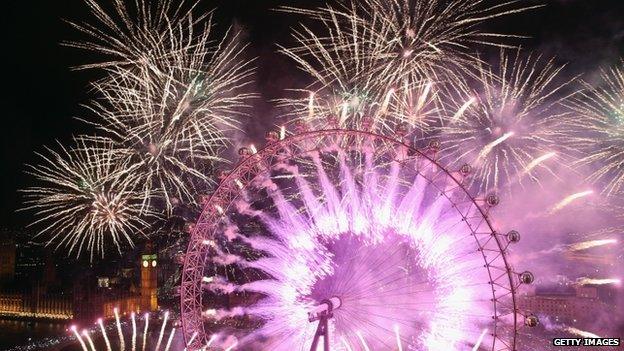 Fireworks bursting out from the London Eye