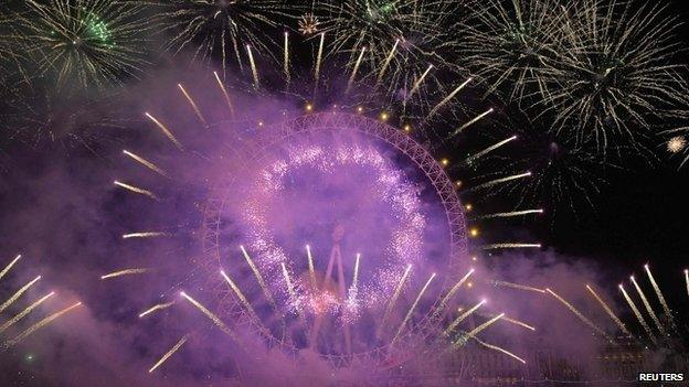 Fireworks bursting out from the London Eye