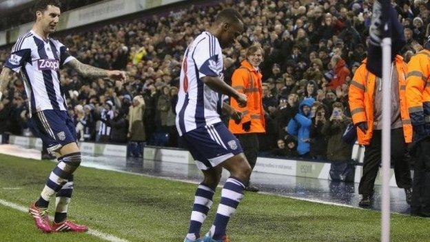 Saido Berahino of West Browmwich Albion celebrates after scoring