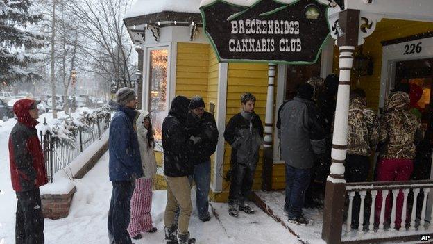 A line waits outside the Cannabis Club on Main Street in downtown Breckenridge, Colorado, for an 8:00 opening of the store 1 January 2014