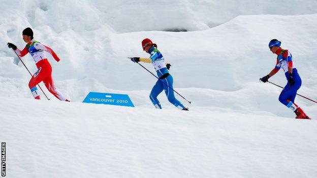 Cross-country skiing action from the Vancouver Paralympics