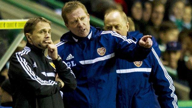 Hearts boss Gary Locke (middle) speaks to fourth official Crawford Allan (left)