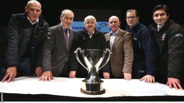 Managers and team representatives at the launch of the 2014 McKenna Cup - Liam Bradley (Antrim), Mickey Harte (Tyrone), Brian McIver (Derry), Peter McDonnell (Armagh), Paul Rouse (UUJ) and Anthony McGrath (Queen's)