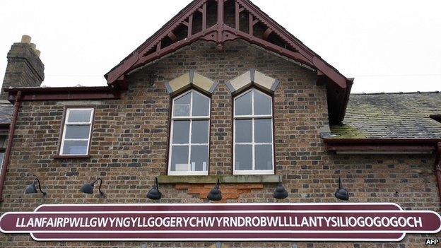 The town sign at Llanfairpwllgwyngyllgogerychwyrndrobwllllantysiliogogogoch railway station in Anglesey, Wales.