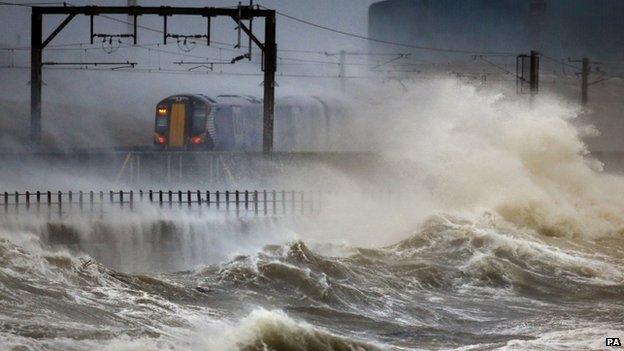 Train travelling along the coast at Saltcoats