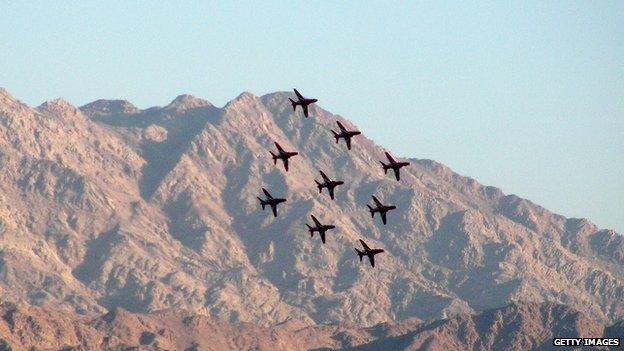 Red Arrows flying over the Jordanian city of Aqaba, 2007