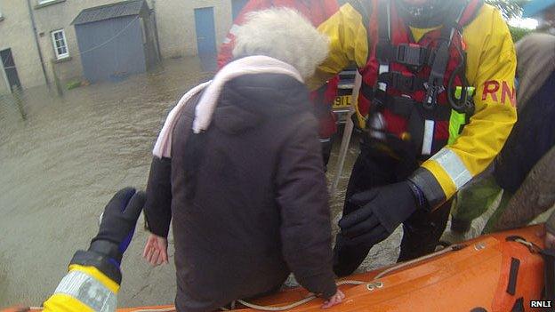 RNLI flood rescue team at a farm at Llanbedr, Gwynedd