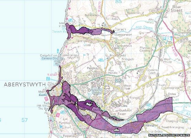 The flood map with the severe warnings in Ceredigion