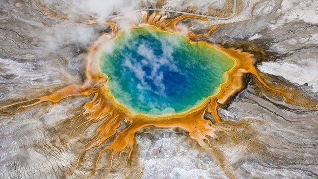 Aerial view of Grand Prismatic thermal spring in Yellowstone National Park