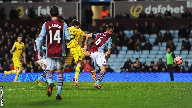 Sheffield United's Ryan Flynn scores for his side against Aston Villa