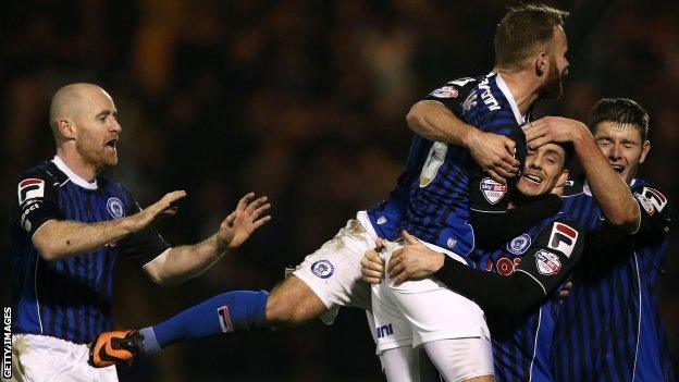 Ian Henderson of Rochdale celebrates his goal against Leeds