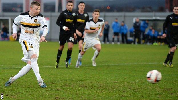 Bryan Prunty scores for a penalty against Greenock Morton