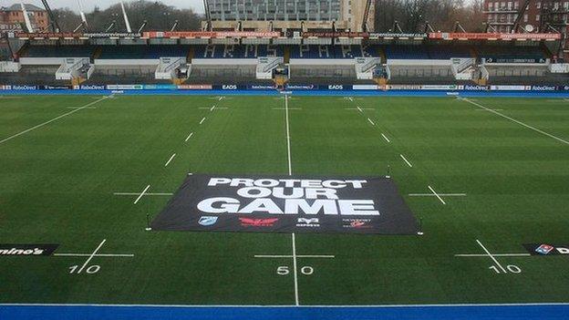 A banner from Welsh regional supporters protesting against the WRU in the ongoing dispute between the two sides