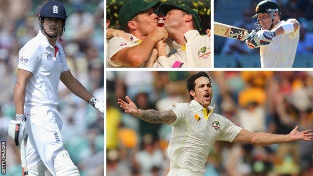 Alastair Cook, Michael Clarke, Brad Haddin and Mitchell Johnson