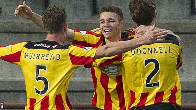 Aaron Taylor Sinclair (centre) celebrates his goal for Partick Thistle