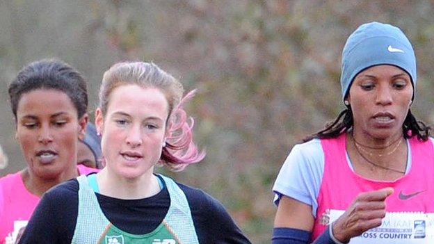 Fionnuala Britton (centre) battles with Maryam Jamal (left) and Mimi Belete in Saturday's race at Antrim